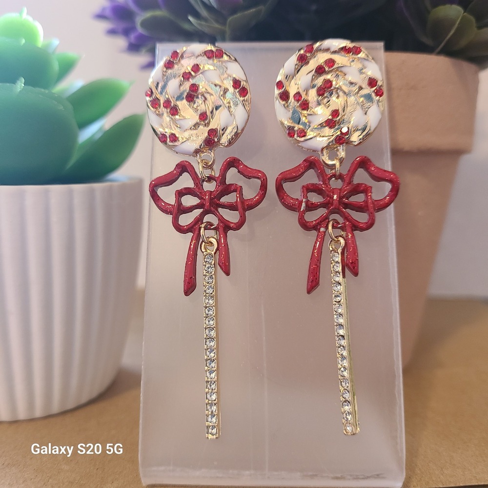 Whimsical‎ Lollipop Bow Dangle Earrings Red Gold Crystal Candy Inspired NEW